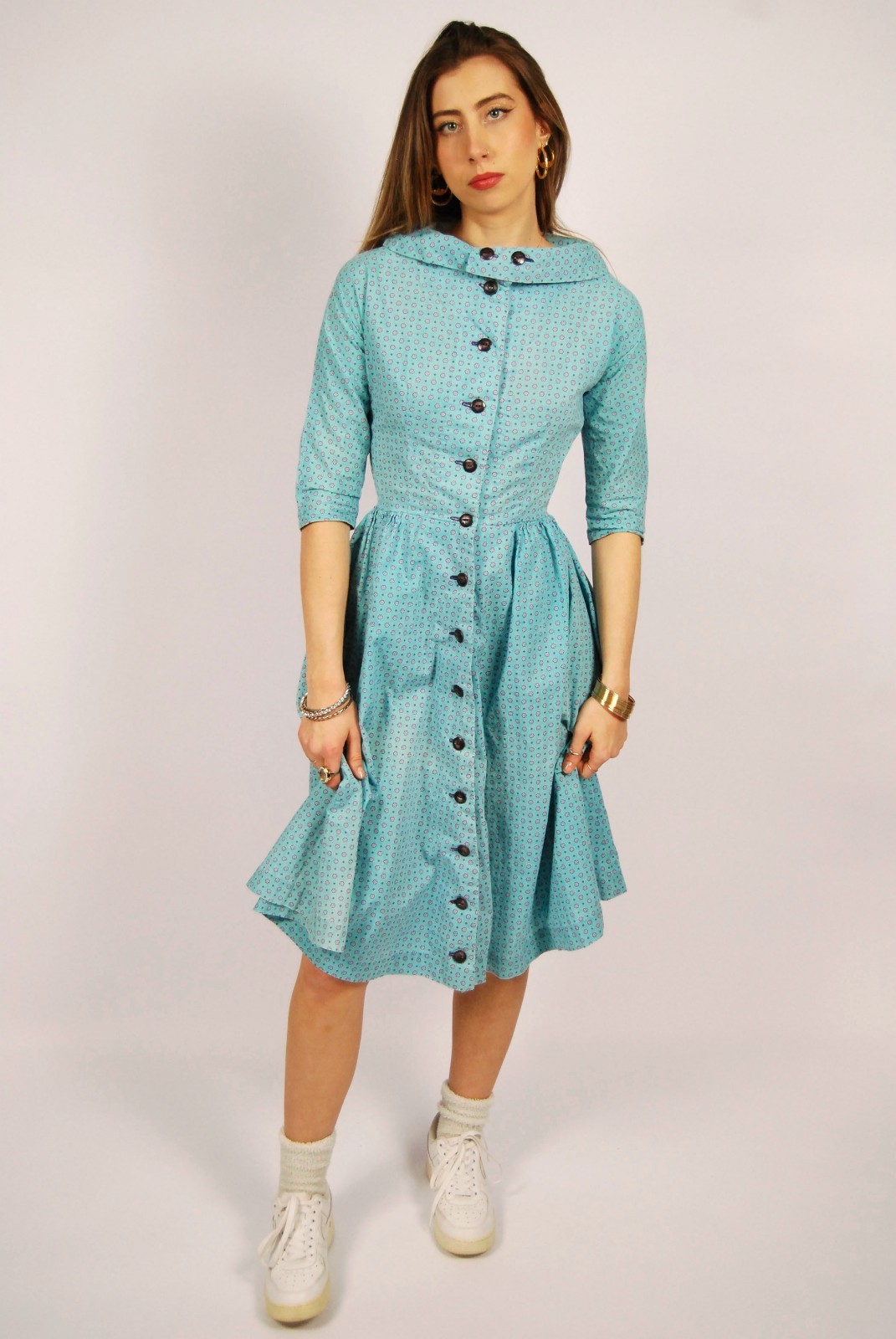 50s Hostess Dress (S) small blue purple floral vintage retro mod pinup trad