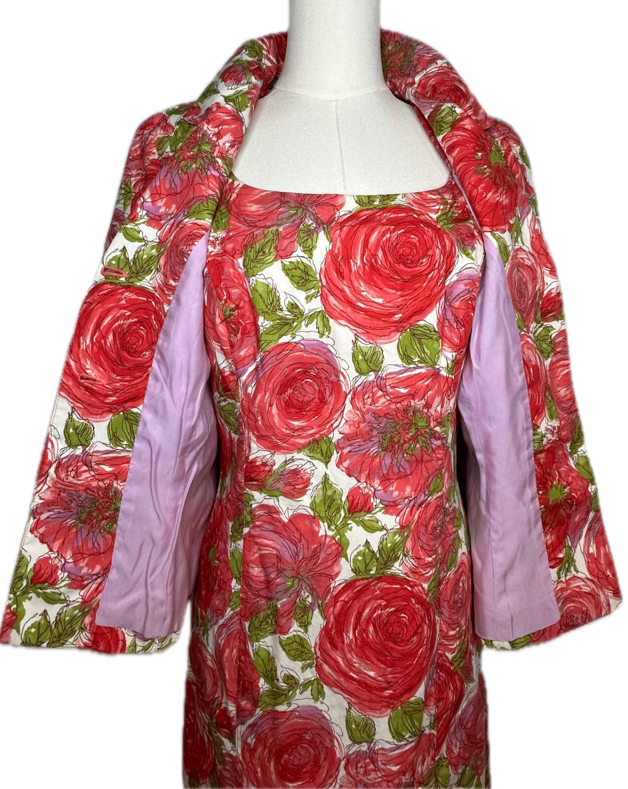Vtg NOVIELLO-BLOOM Floral SILK 2 pc Ladies Dress Suit w Tank Dress & Jacket Sz 6