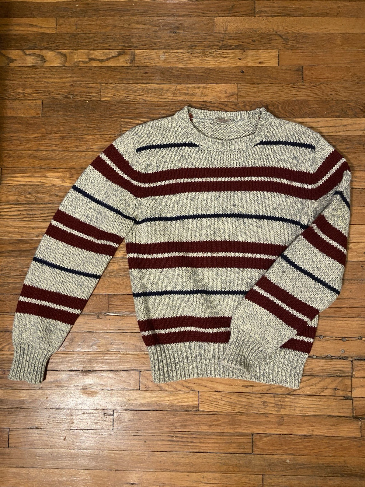 Vintage Currants by Jeri Jo Striped Gray Burgundy Navy Acrylic Wool Sweater 80s