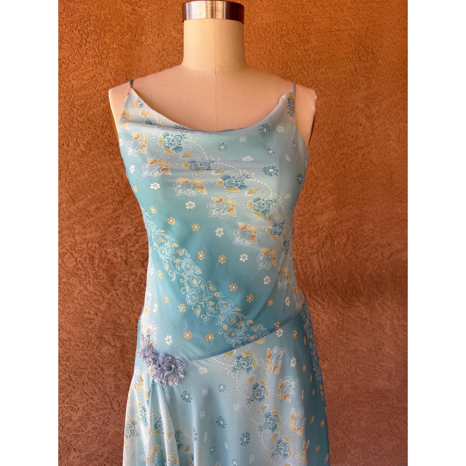 Vintage Y2K Napoli Seafoam Floral Cowl Neck Dress Rhinestone Flower