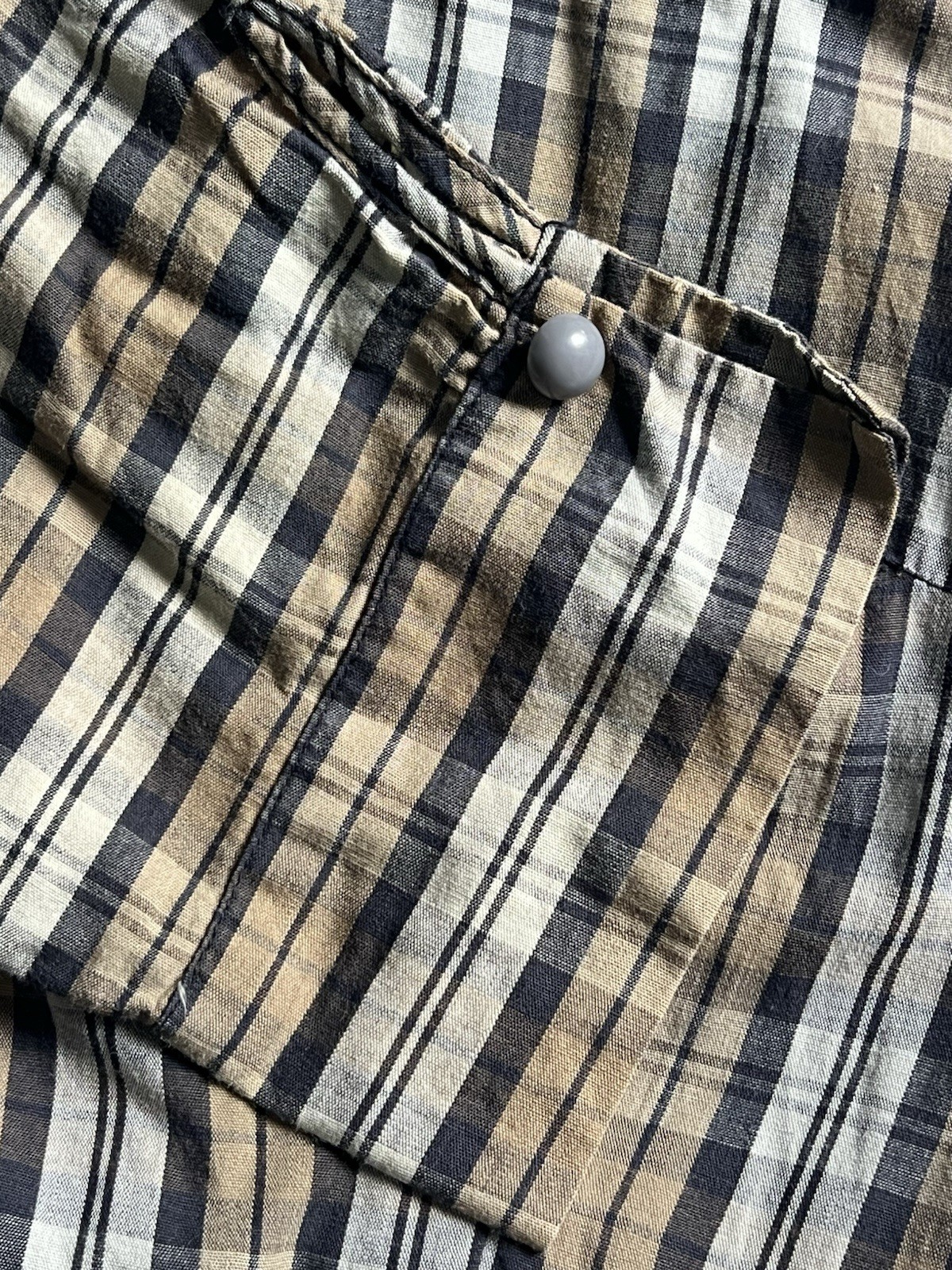 Vintage 1950s Plaid Cotton Shirtwaist Full Skirt Day Dress Navy Black White S/M