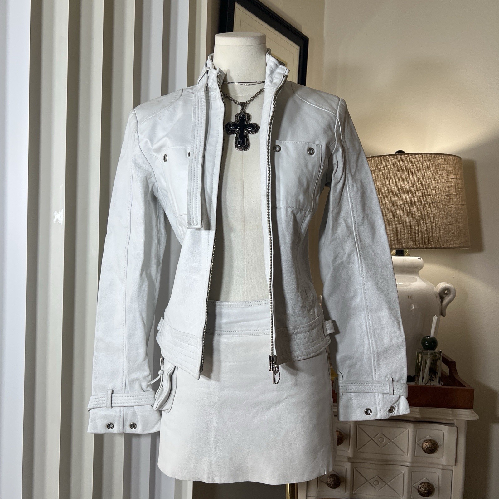Vintage Bebe White Leather Jacket Biker Grunge Euro Rockstar White Skirt Set