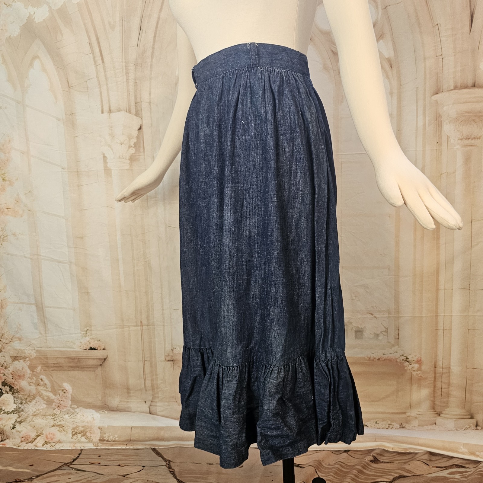 Vintage 1970s Denim Blue Jean Skirt Flowy Swing Ruffled Boho Fairycore Retro
