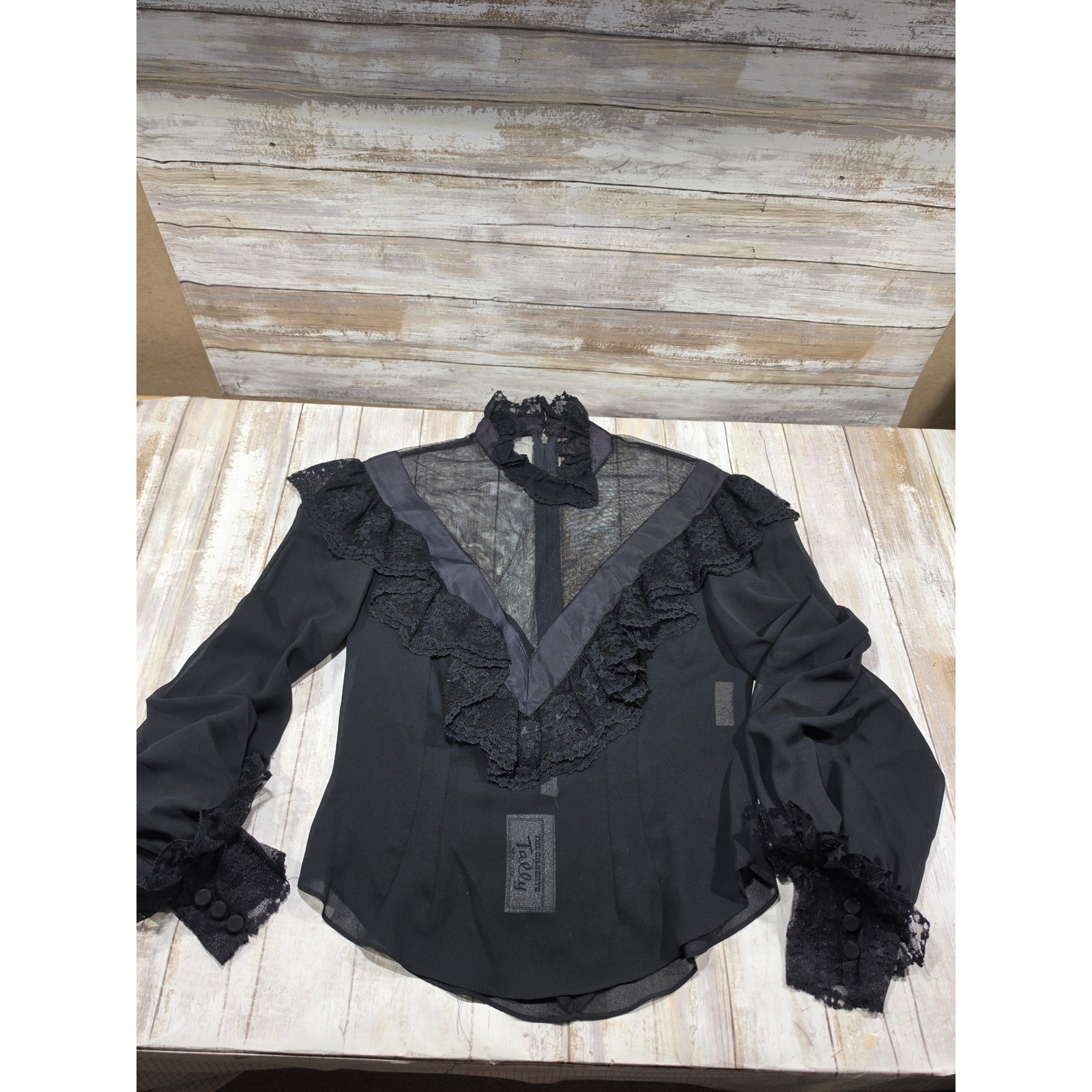 Vintage The Gilberts for Tally Black Lace Ruffle Sheer Blouse Bonwit Teller 4