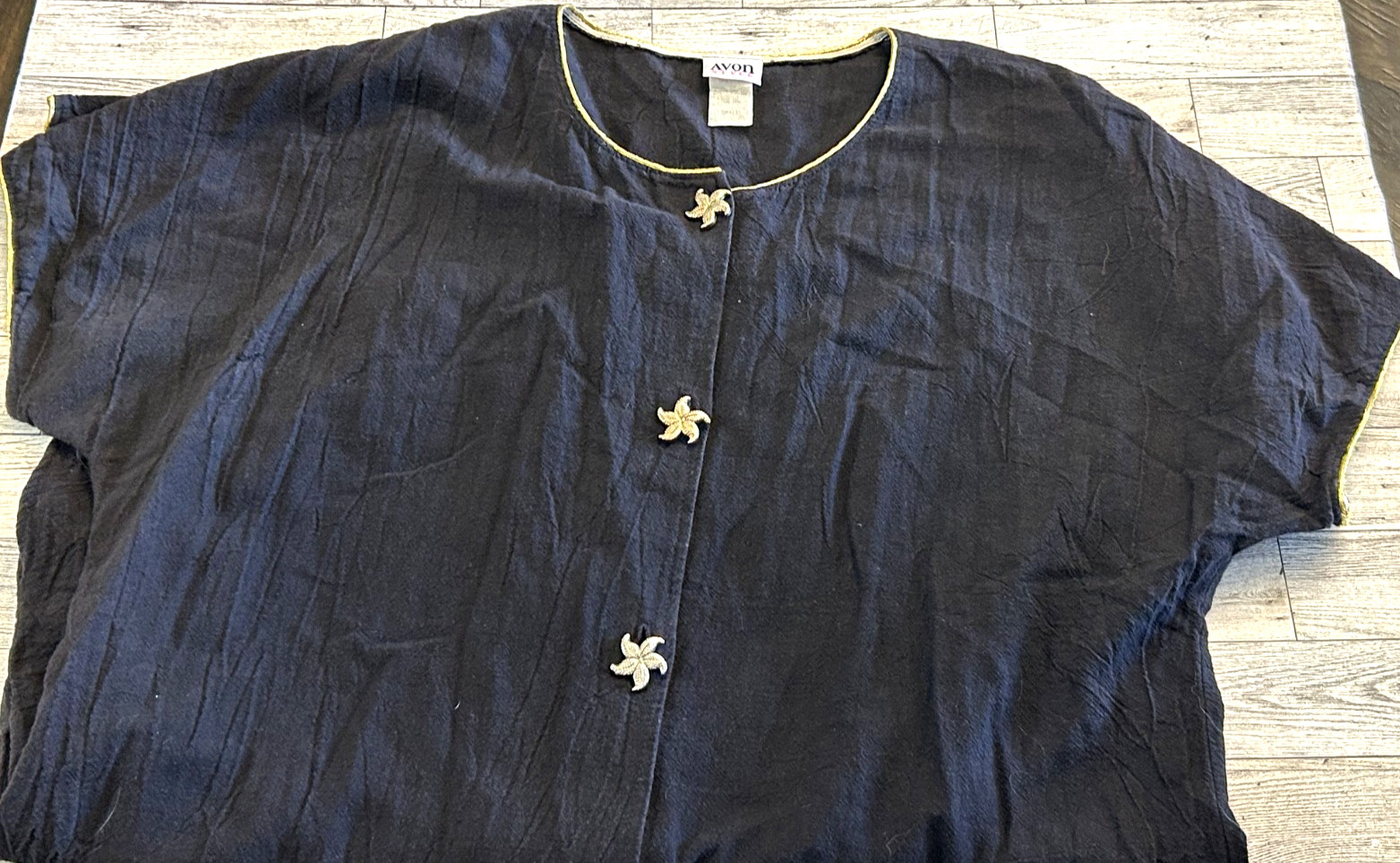 Vintage AVON Style Black Gold Trim Starfish Short Sleeve Shirt Dress Midi SMALL