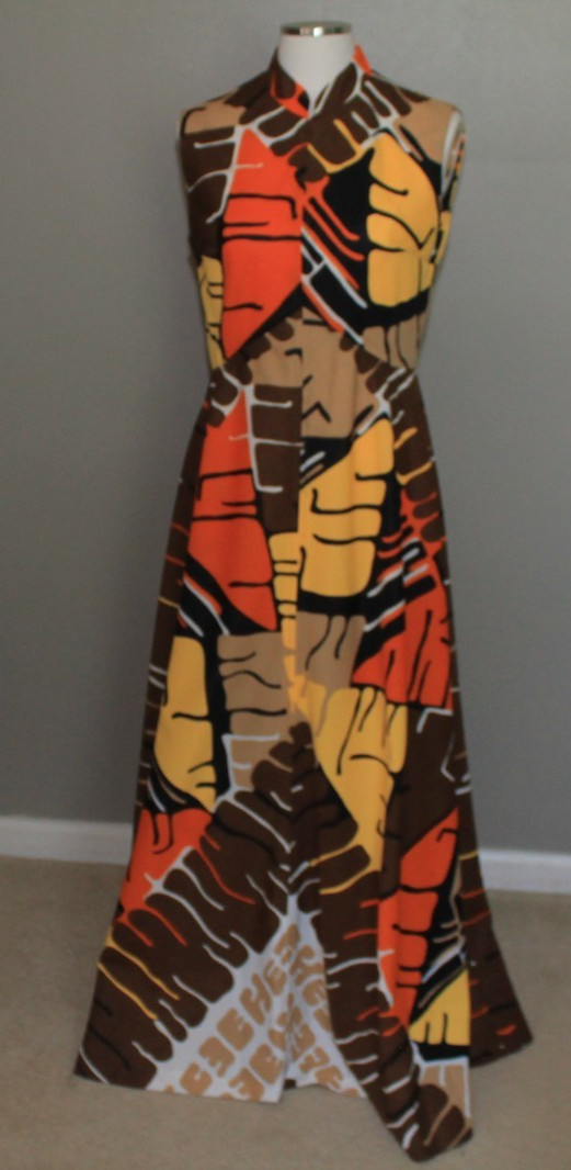 Vintage 70s Mod Maxi Dress Psychedelic Brown Orange Yellow Hippie Hawaiian Small