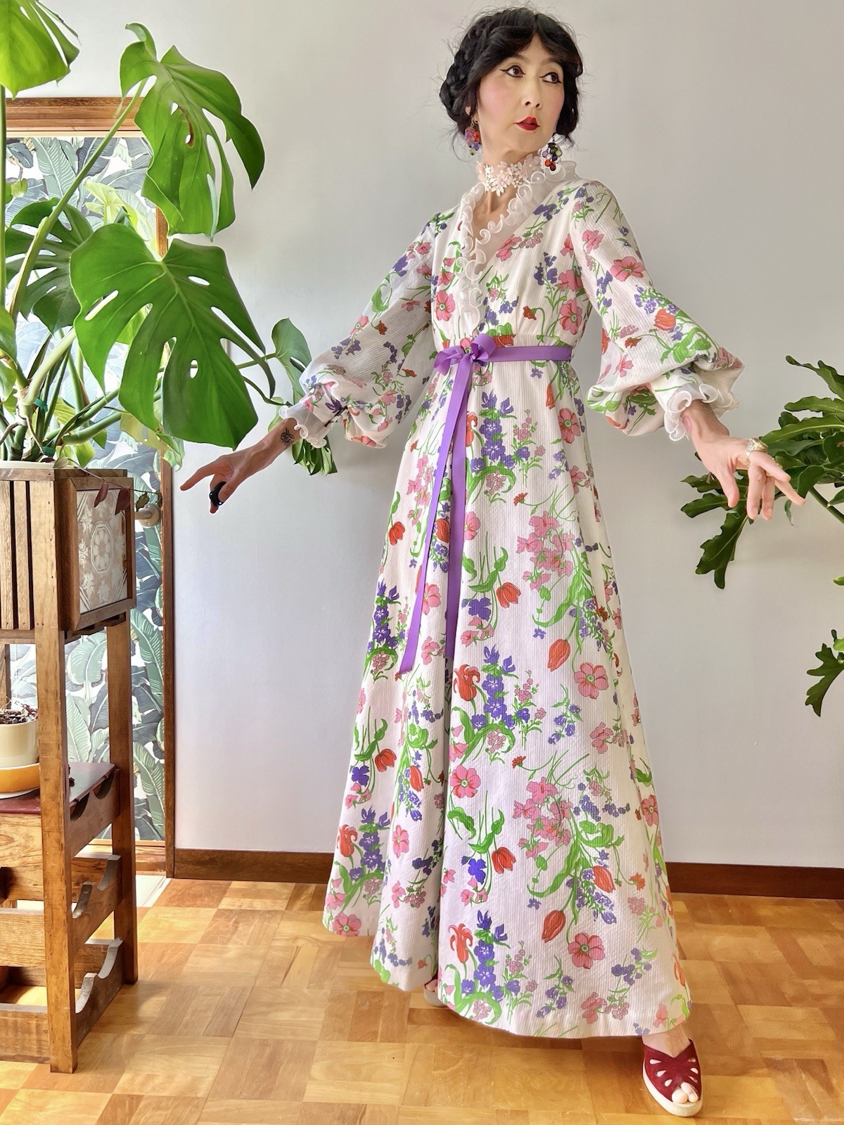 VTG 70s Hawaiian Floral Prairie Maxi Dress Balloon Sleeve Boho Cottagecore XS S