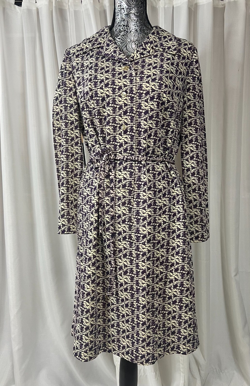 Dacron 70s 80s Polyester Shirtdress Midi Long Sleeve Patterned EU 44 L