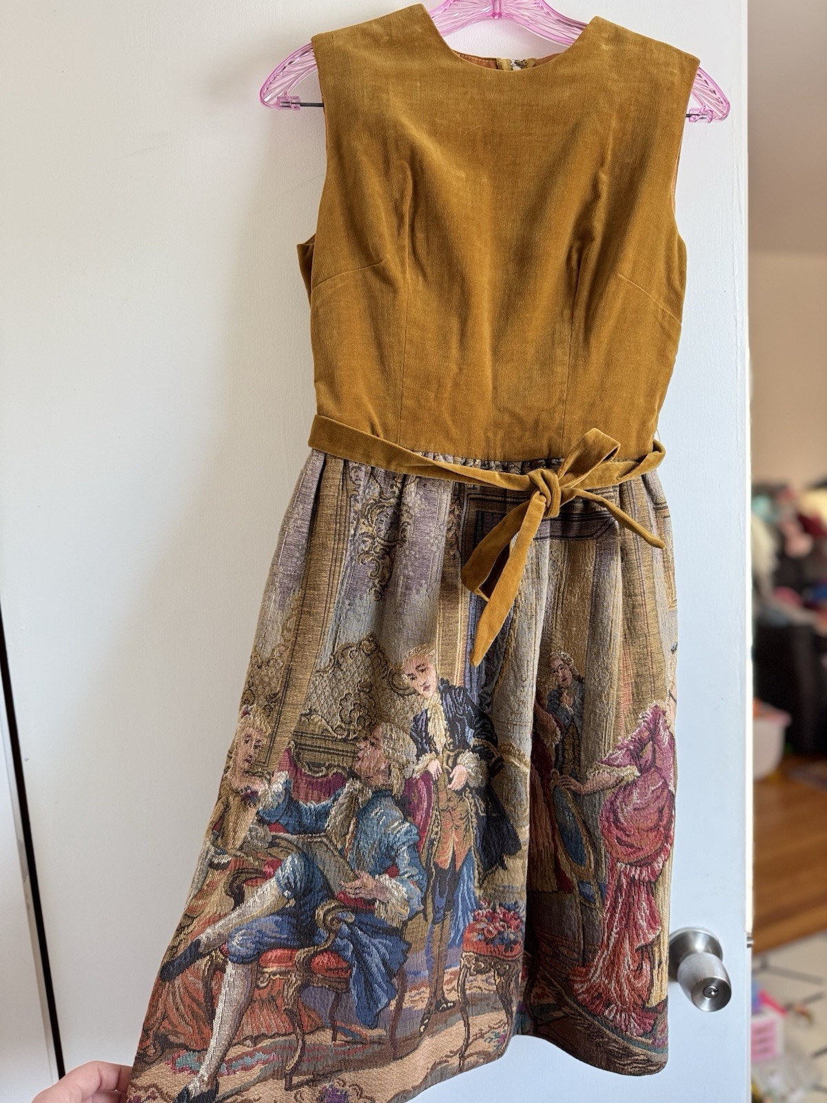 Vintage 60s Velvet Bodice Quilted Skirt Dress Belt Gown Unique Royal Queen Sz 11
