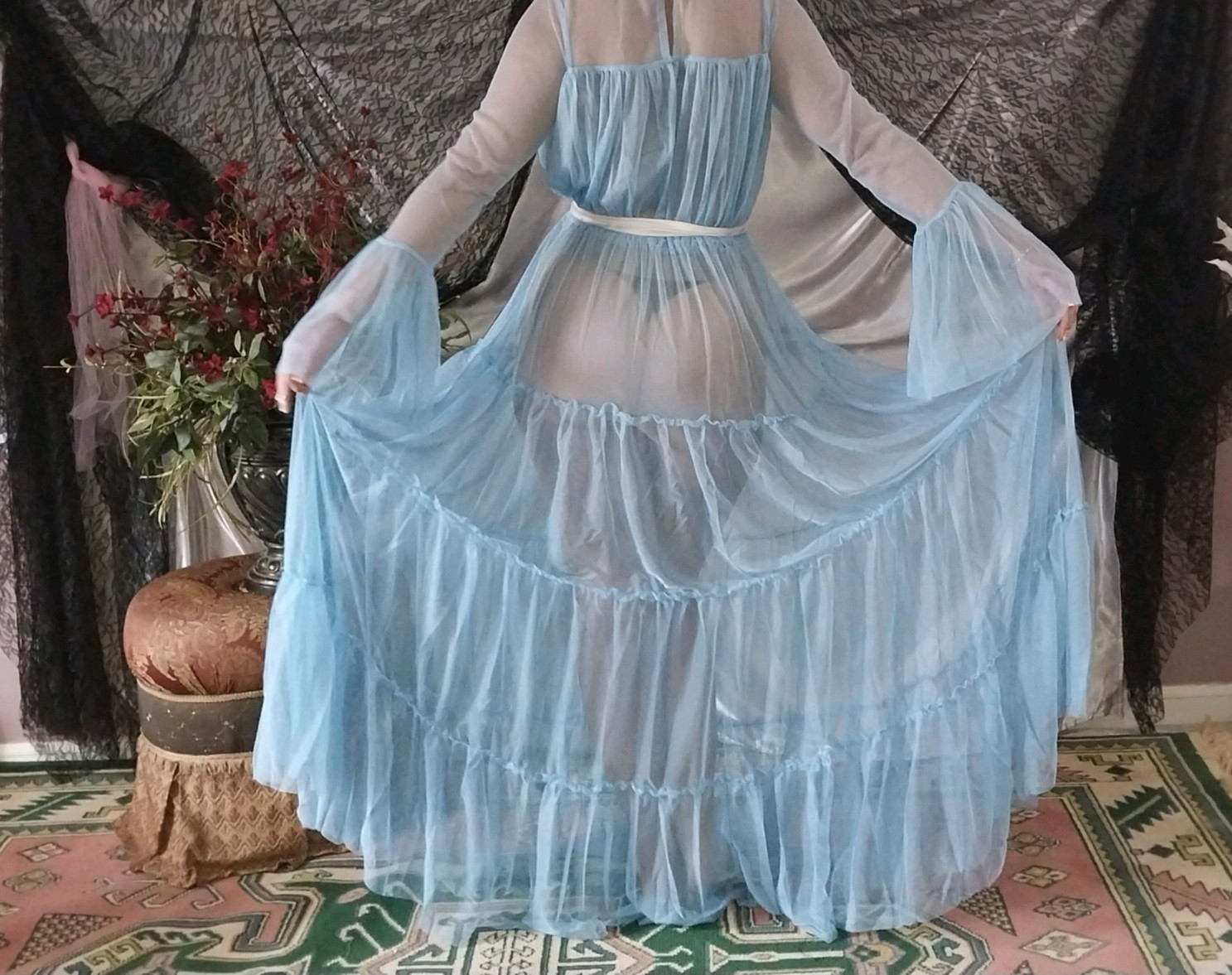 VTG NYLON BABY BLUE SEE THRU SHEER RUFFLES LAYERS TIER BELL SLV SWEEP NIGHTGOWN