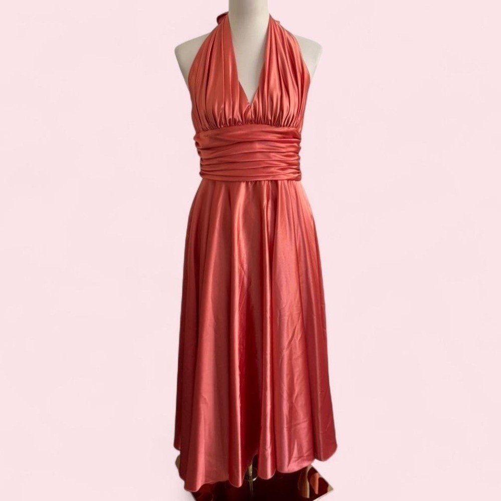 vintage Aspen USA Y2K Coral Satin Halter Maxi Dress Tie Back Size M
