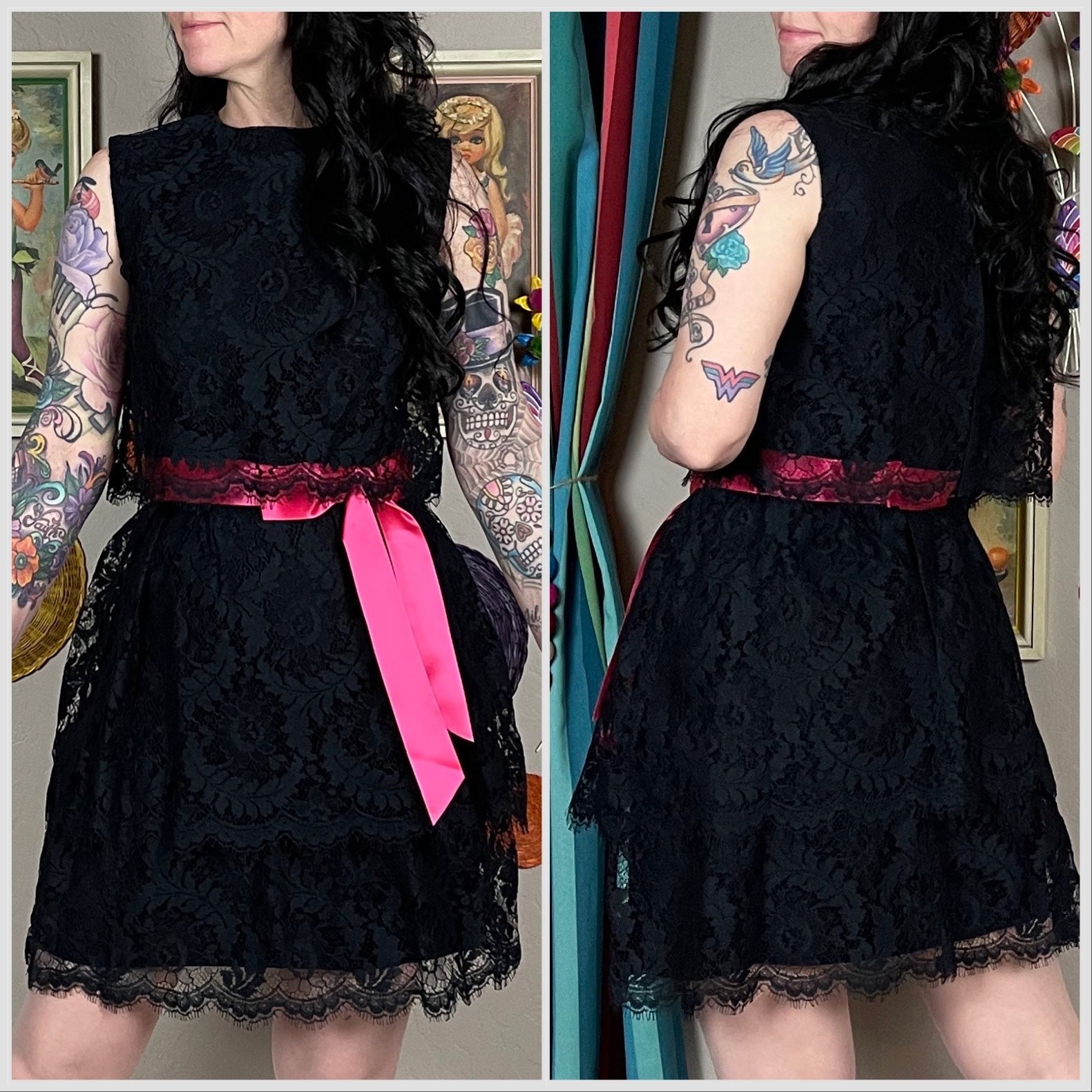 Vintage 1970s Black Sleeveless Tiered Lace Mini Dress | 26″ Waist
