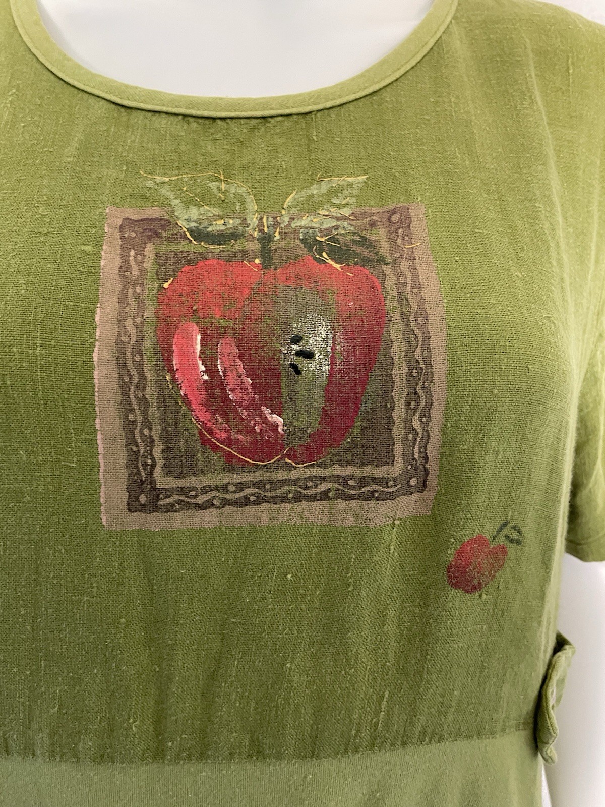Vtg 90s Donna Maxi Dress Cotton Linen Hand Painted Art To Wear Lagenlook S Green