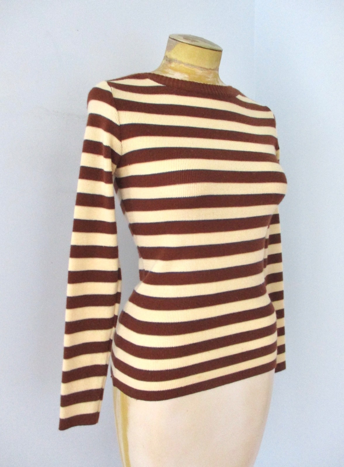 Vtg 70s Brown Cream Stripe Acrylic Knit Sweater Disco Top Shoulder Buttons S