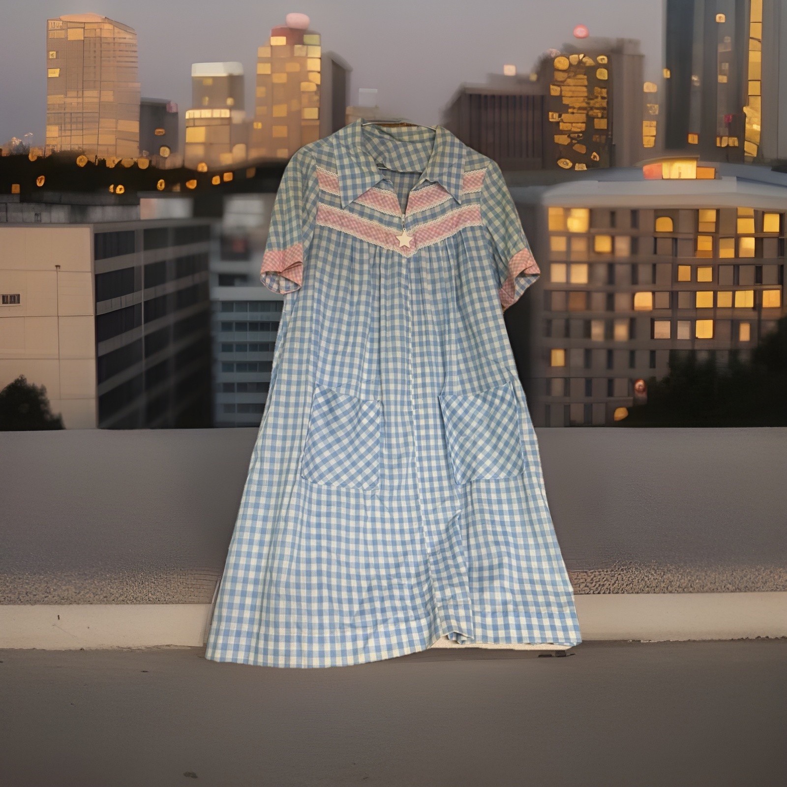 VTG 70s Gingham House Dress Duster Blue Pink Star Zipper Lace Trim Pockets Sz L