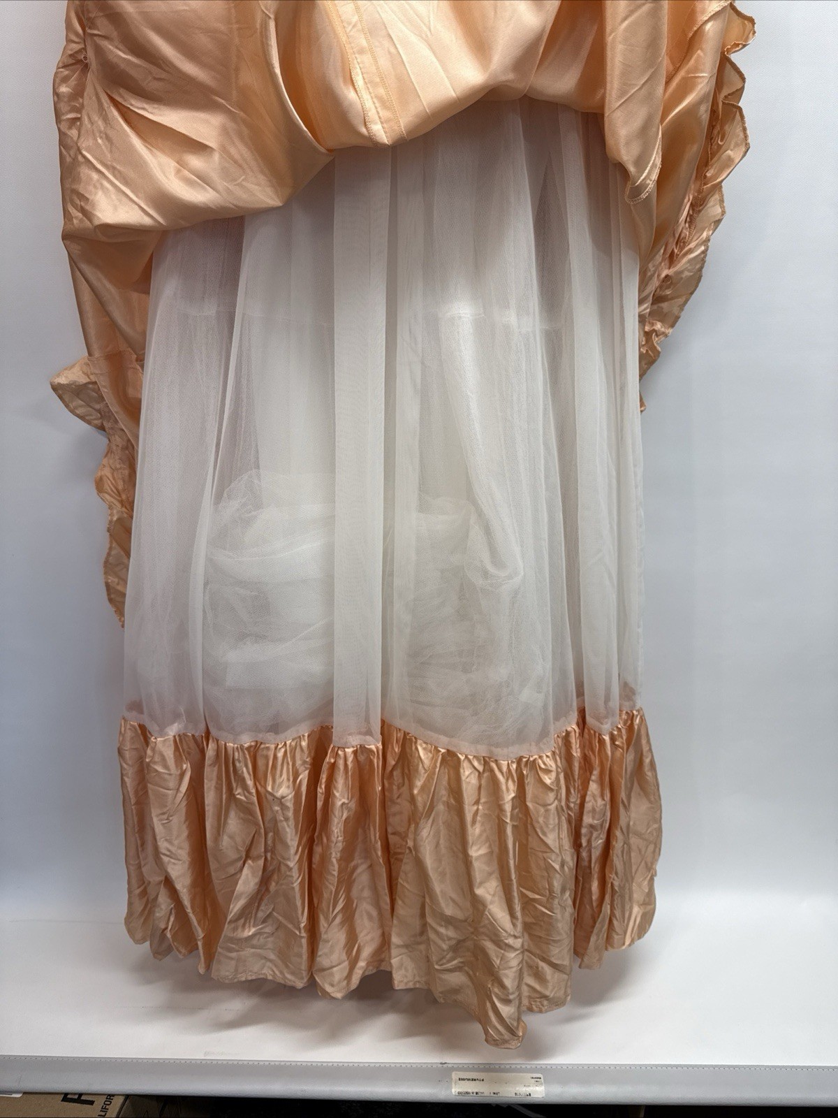 Vintage 70s Peach Taffeta Prom Dress Puffy Sleeve Bows US Sz 10 Made England