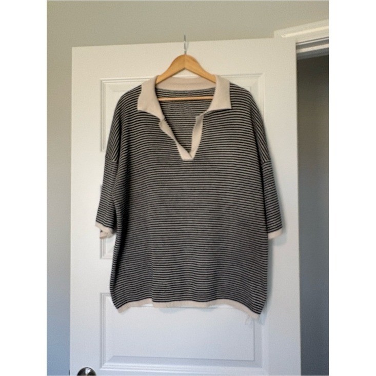 Preppy Coastal Grandma Knit Summer Sweater Black and White Stripes Size Large