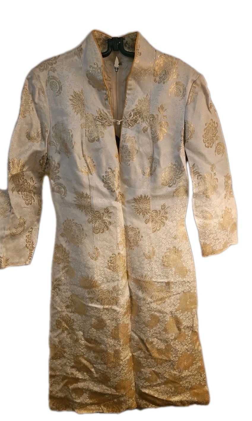 Vtg. Imperial Fashions Asian Gold And Ivory Duster Coat Size 8, Silk?