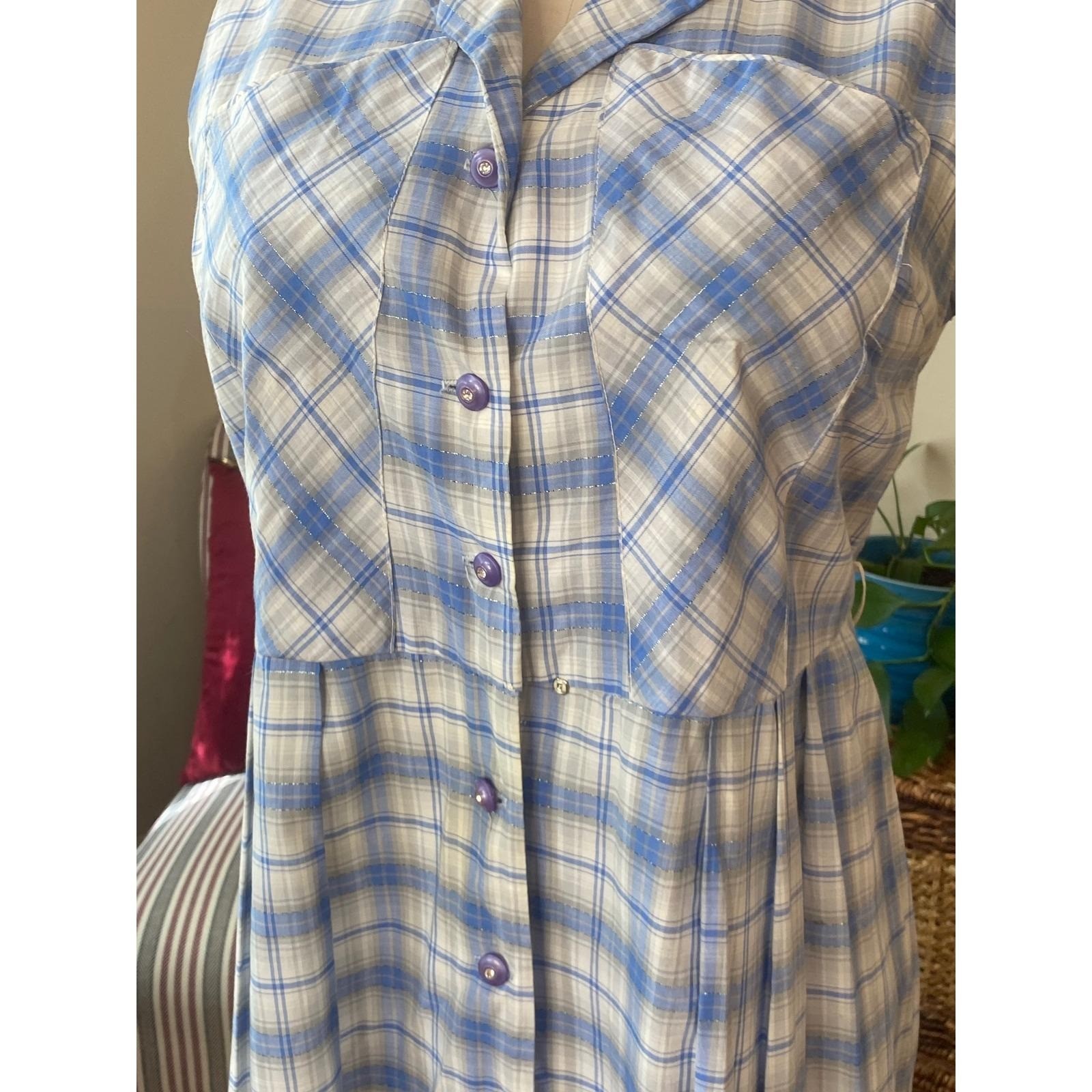 Vtg 50’s Blue Plaid Sleeveless Shirtwaist Dress Silver Metallic Thread Midi XL