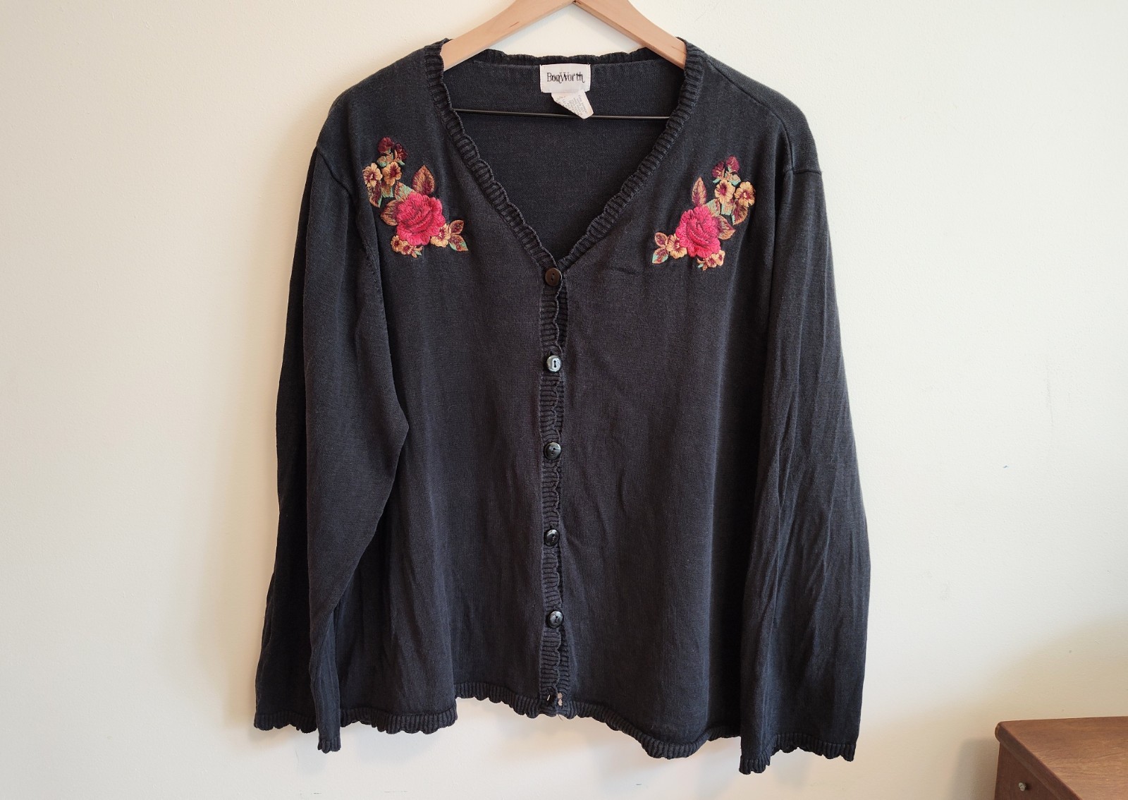 Vintage BonWorth Grandma Cardigan Floral Embroidered Scalloped Edge XL Black
