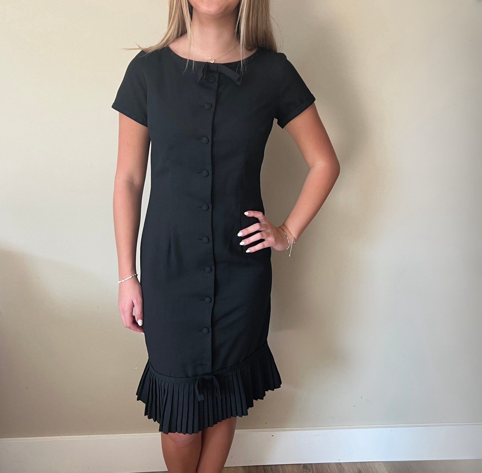 1950s Vintage Sexy Librarian Black Pencil Dress w/ Pleated Bottom Betty Barclay