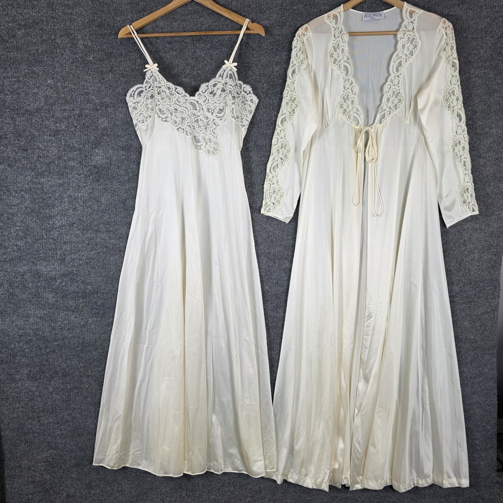 Vintage Lily of France Nightgown Robe Set M Ivory Lace Nylon Peignoir 60s 70s