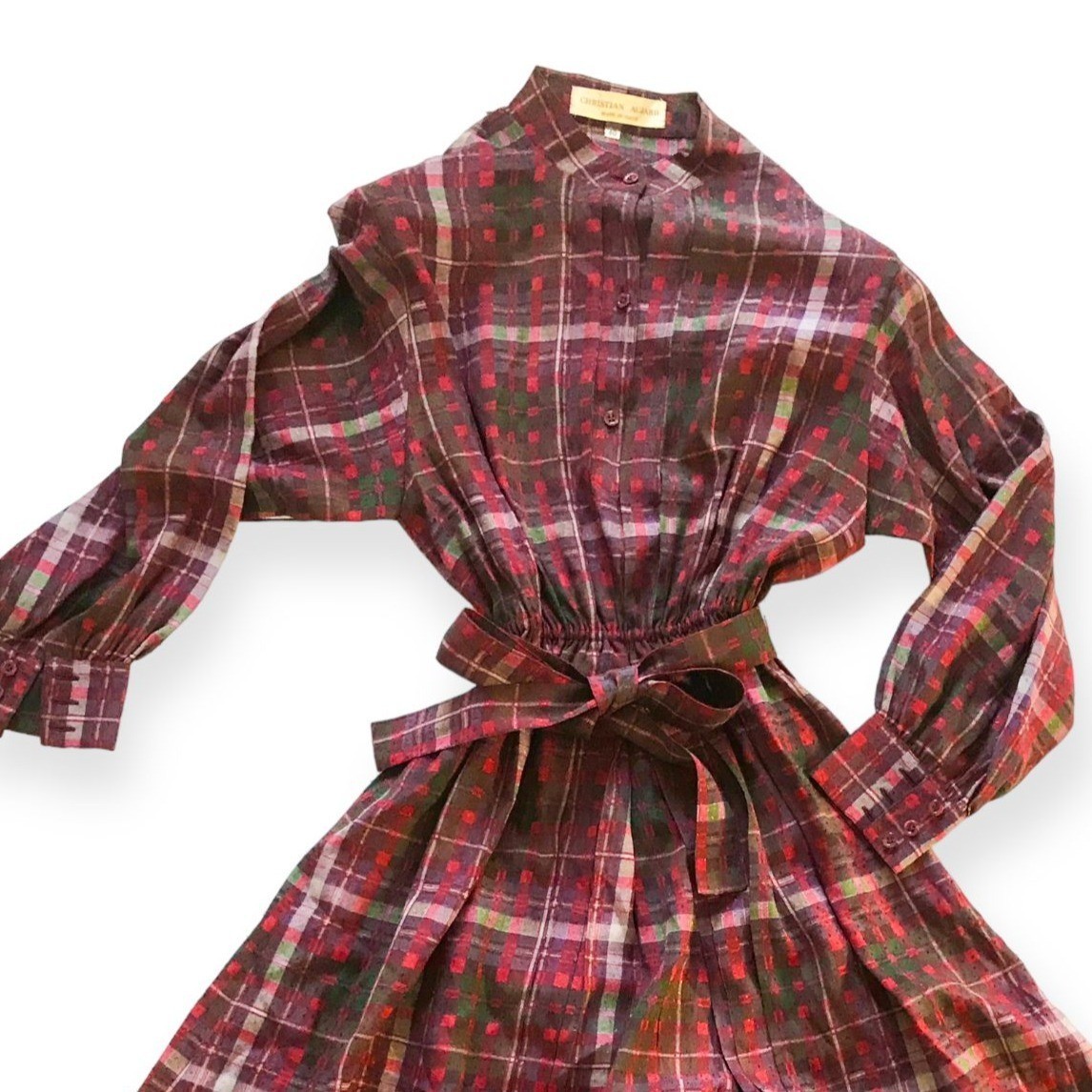 Vintage 1980s Christian Aujard Silk Plaid Shirt Dress Made in Italy, Size 40 IT