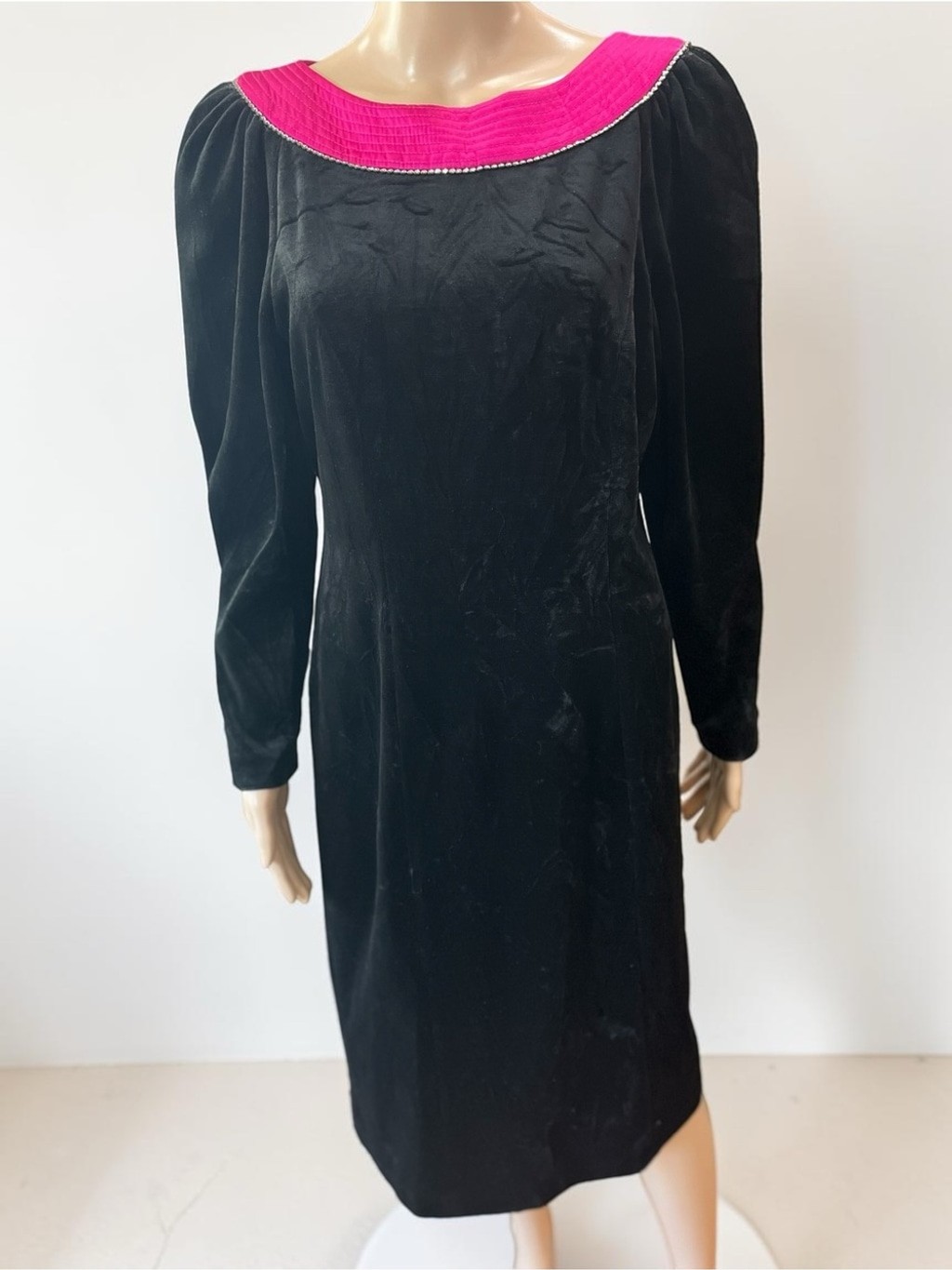 Black Velvet shift Cocktail Dress with Hot Pink Collar with rhinestone trim-14