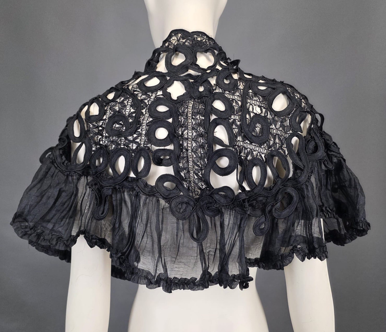 GOTHIC VICTORIAN 19TH C HAND MADE TAPE LACE CAPE FOR DRESS W SILK VOILE RUFFLE