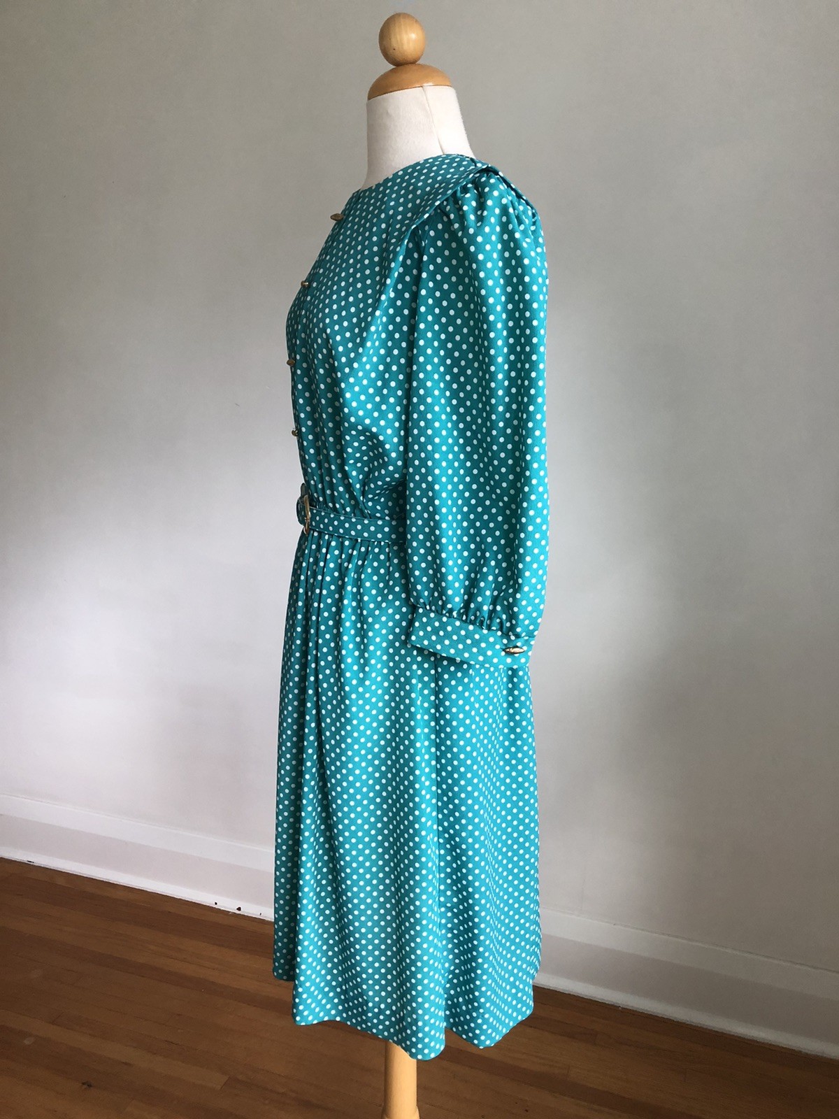 GORGEOUS VTG LADY CAROL Petites Teal Blue White Polka Dots Silky Belted Dress 8