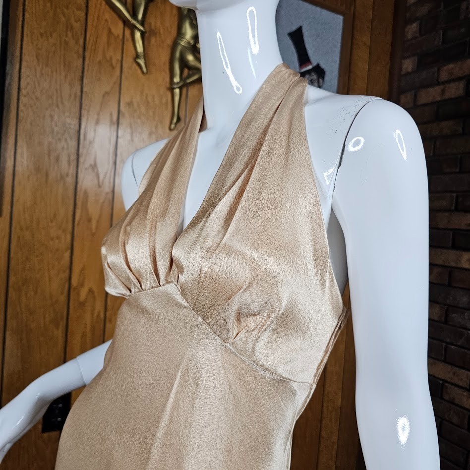 Vtg 90s do 30s Iconic Metallic Liquid Gold Bias Cut Halter Maxi Formal Dress M/L
