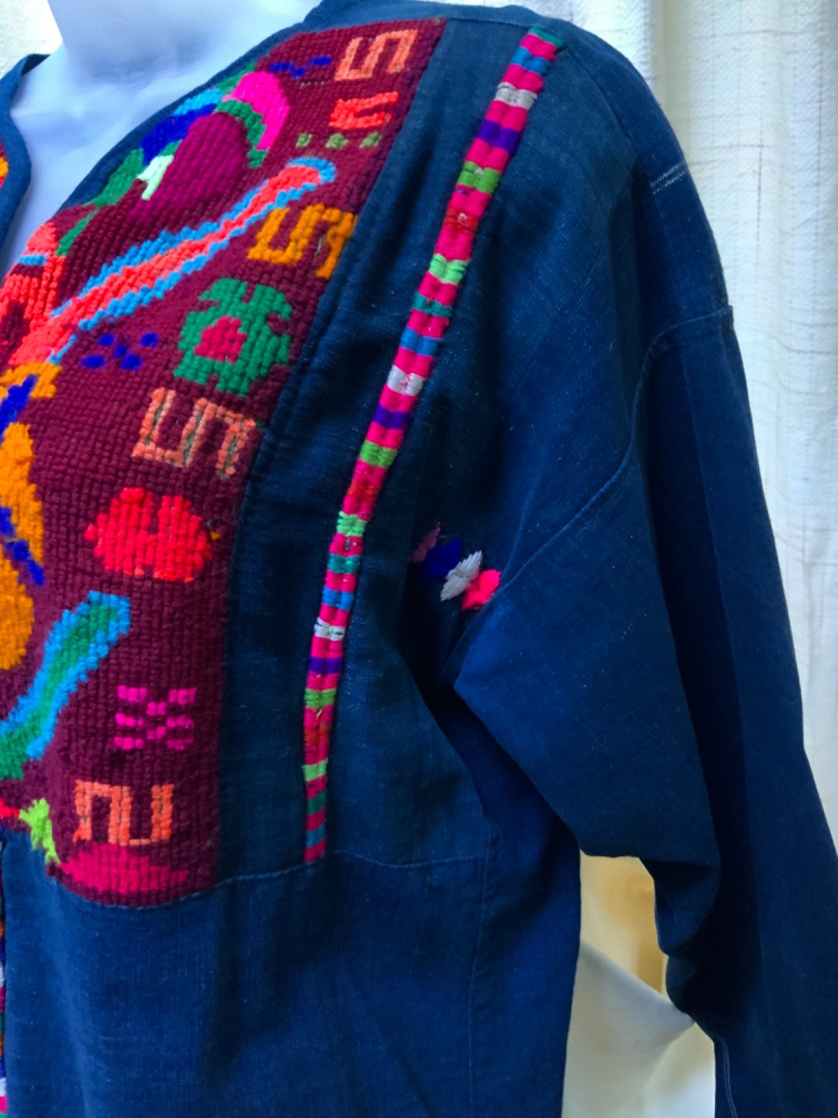 Vintage 70s Guatemalan Tunic/Shirt Indigo Denim Needlepoint Embroidery Size S/M