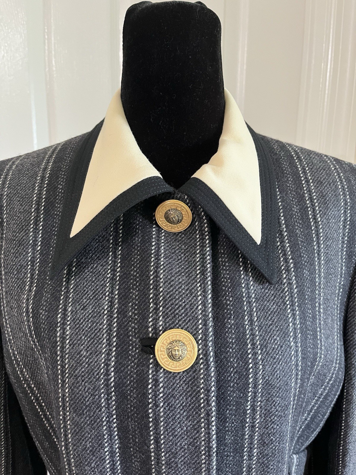 Vintage GIANNI VERSACE Couture Striped Wool Jacket with Medusa Buttons, Size 8