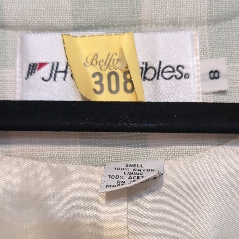 JH Collectibles Vintage Gingham Blazer Sage Green Plaid Collarless Jacket Size 8