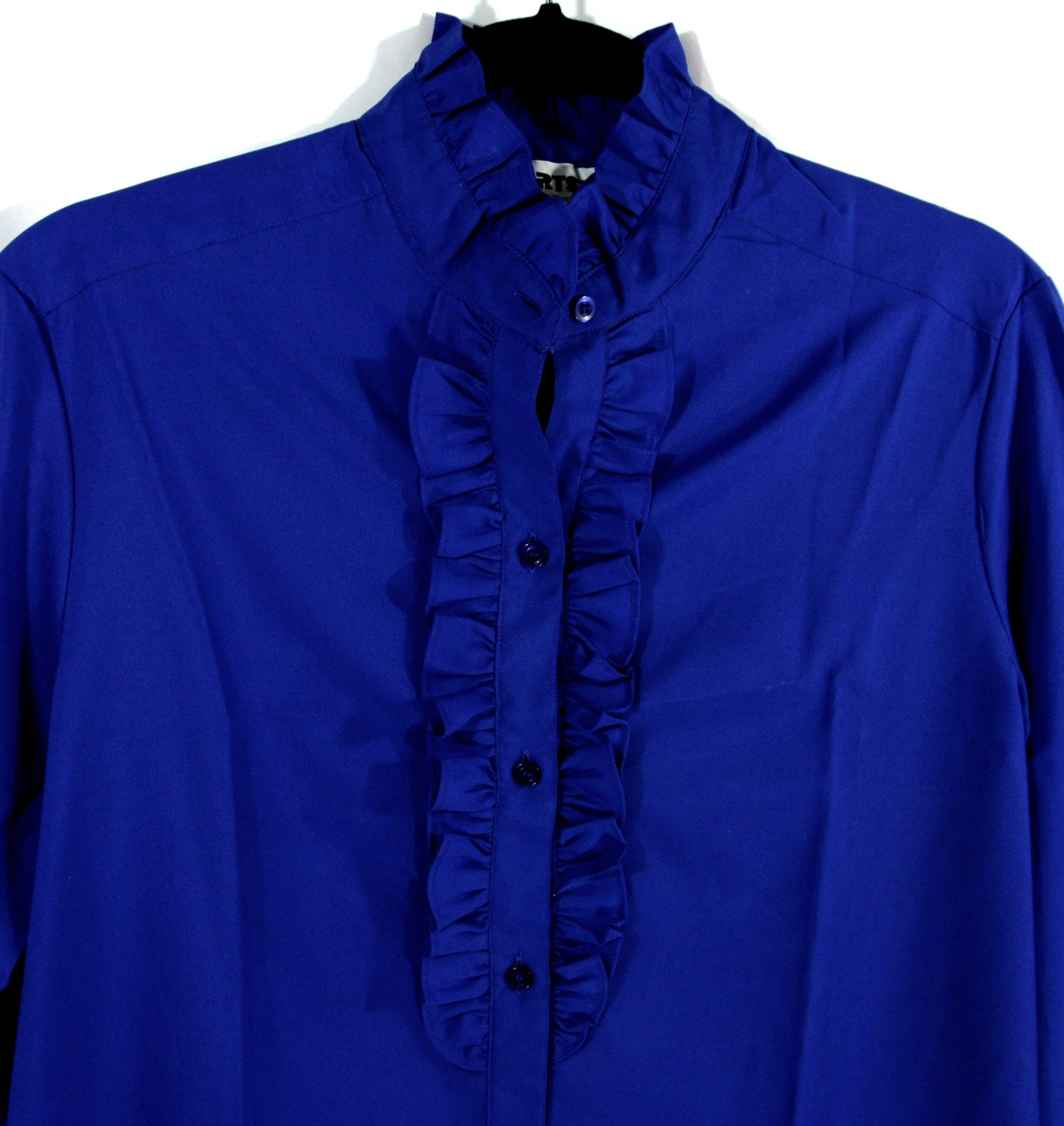Vintage Shirt Stop Blue High Neck Ruffle Collar Secretary Career Blouse M 1980s