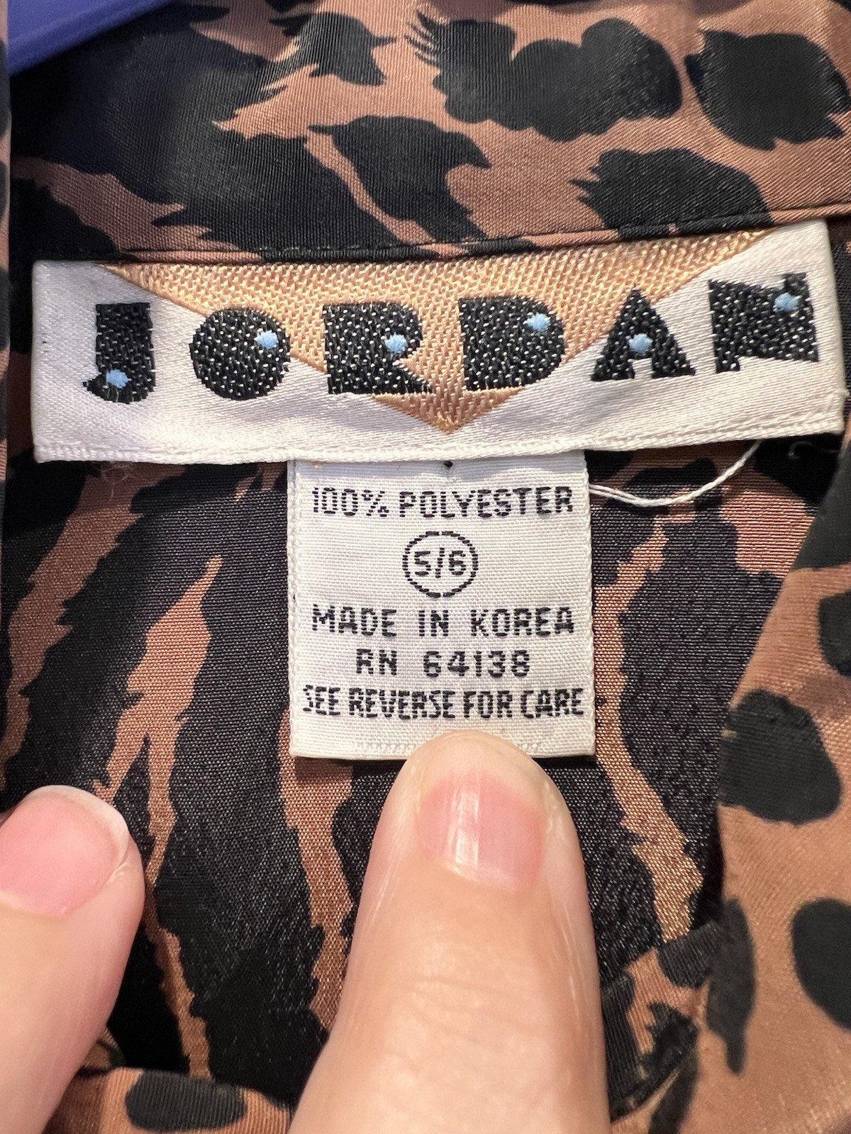 VTG 80s Jordan Animal Print Blouse Faux Leather Shoulder Leopard Tiger Size 5/6