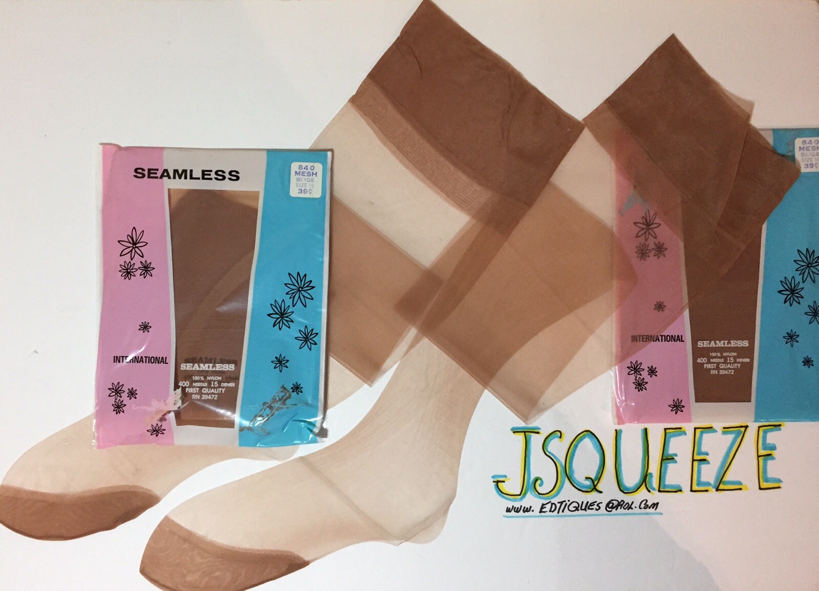 2 Pairs Vintage 1960s PIN-UP NYLON STOCKINGS INTERNATIONAL SHEER BEIGE 15 DENIER
