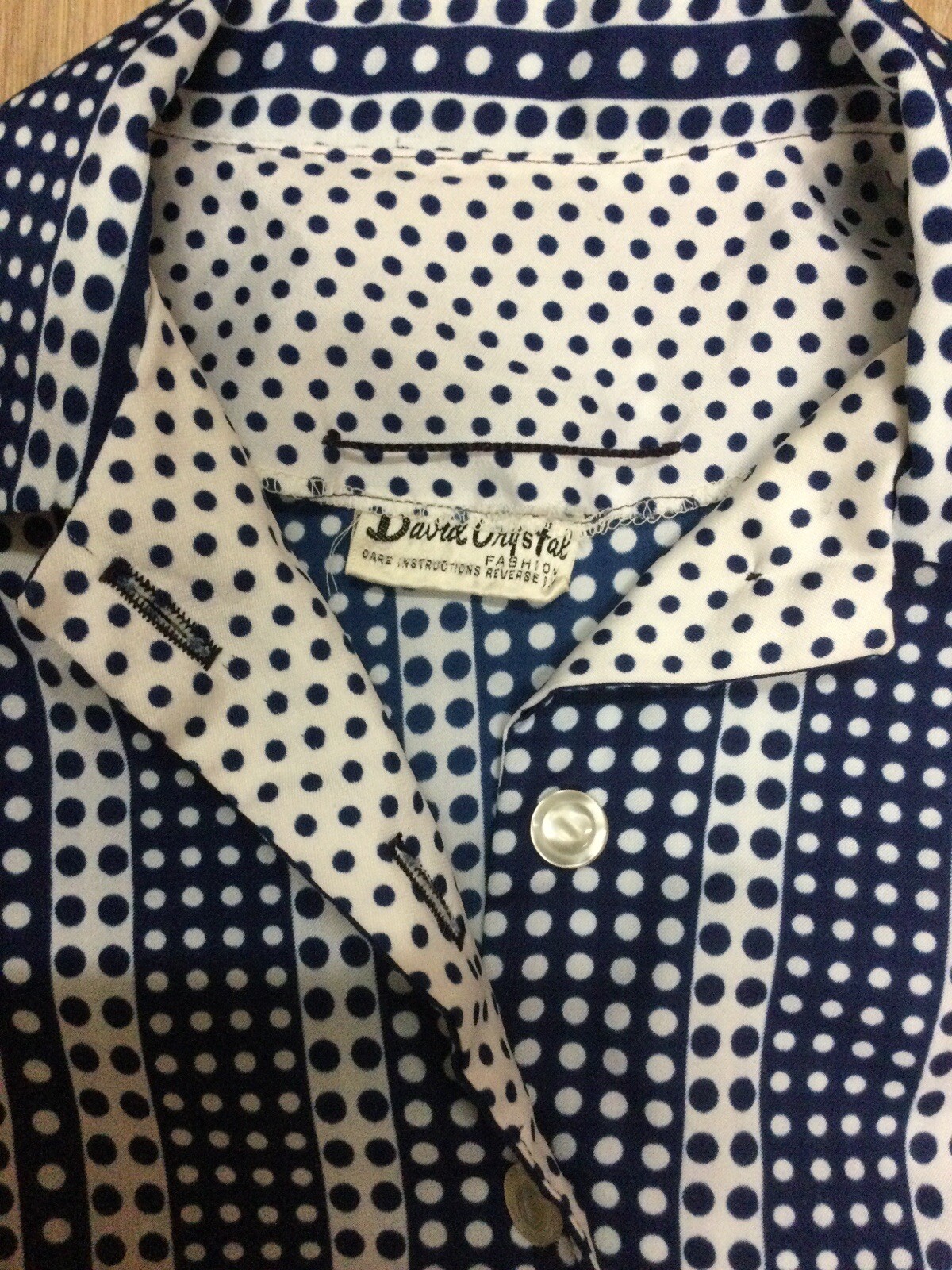 VINTAGE DRESS DAVID CRYSTAL NAVY AND WHITE POLKA DOTS DOUBLE CUFF SLEEVE LACE
