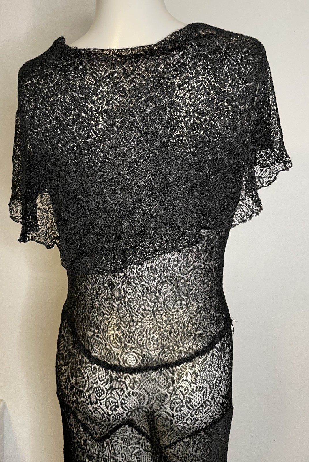 Antique 20s 30s Black Lace Art Deco Dress S M 3-in-1 Sleeveless Midi Fitted