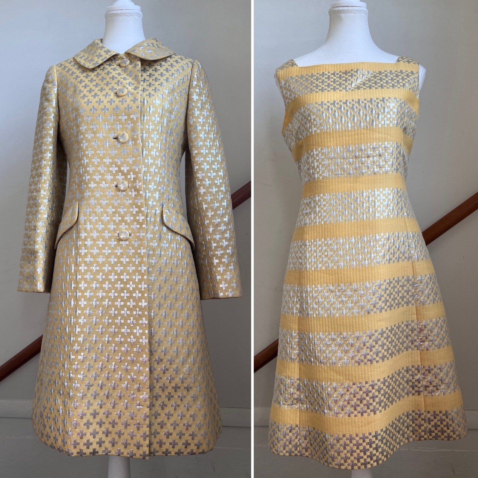 Vintage Coat Dress 2-piece Set Yellow Metallic Brocade Mod 1960s Matching 2pc