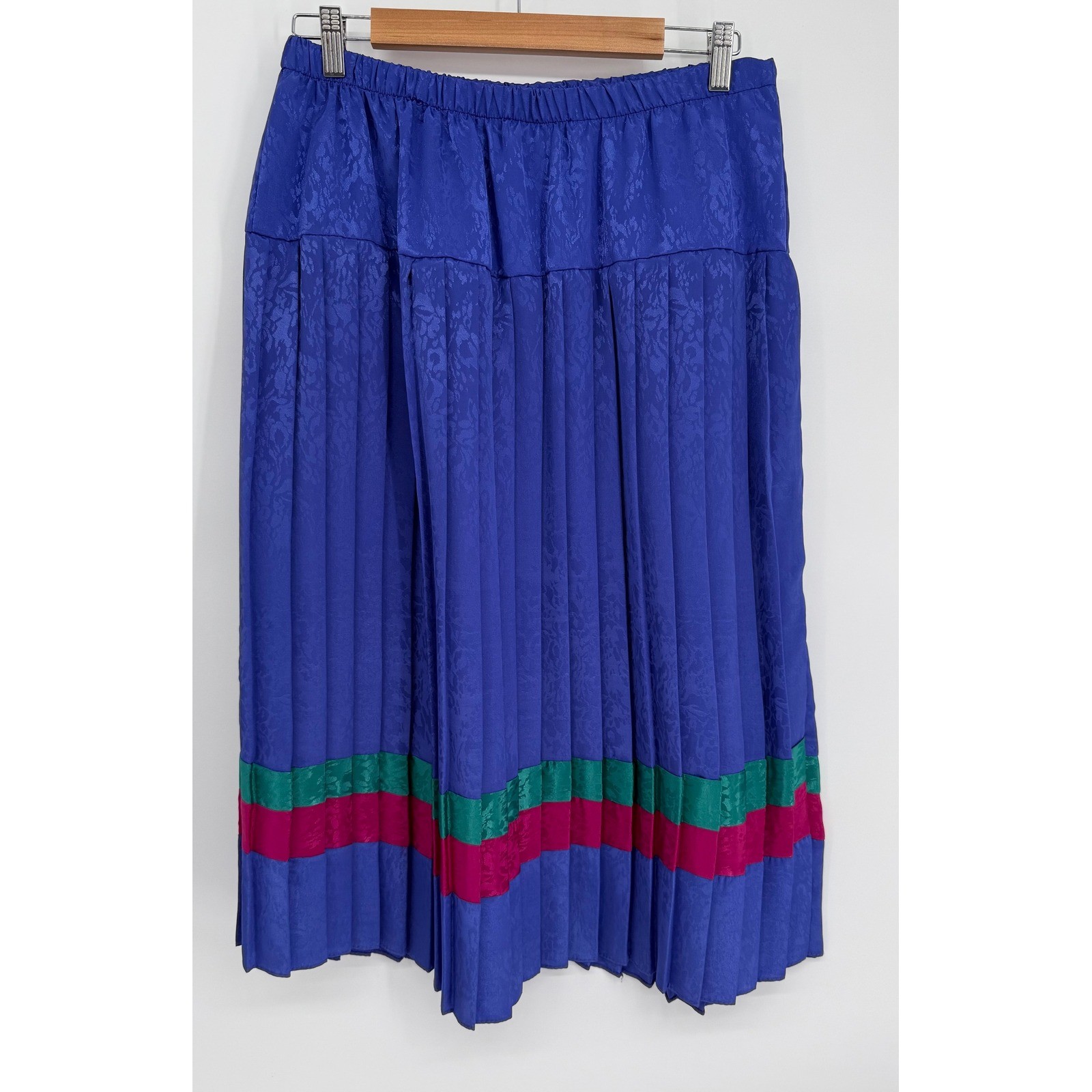 Vintage Royal Blue Floral Jacquard Pleated Midi Skirt Pink Green Stripe Sz 16WP