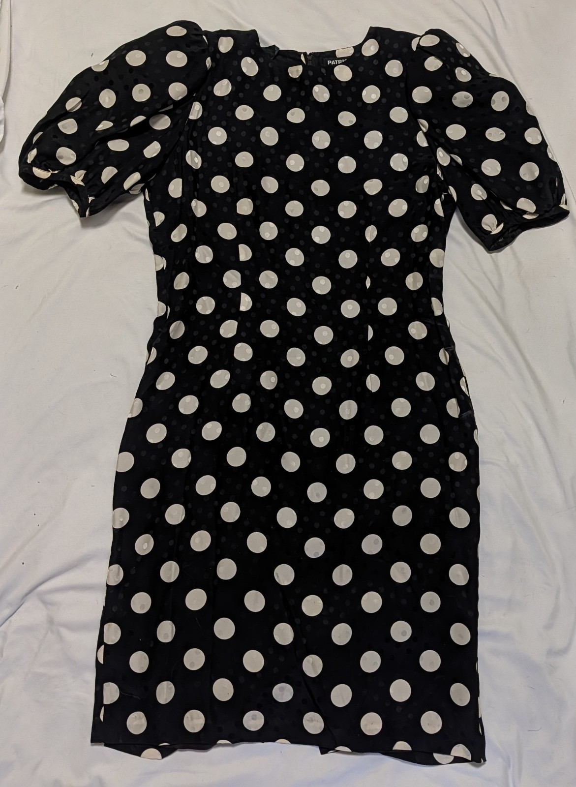 VTG Patrick Women Silk Dress Classic Sheath Lined Exec B&W Bold Polka Dot Retro