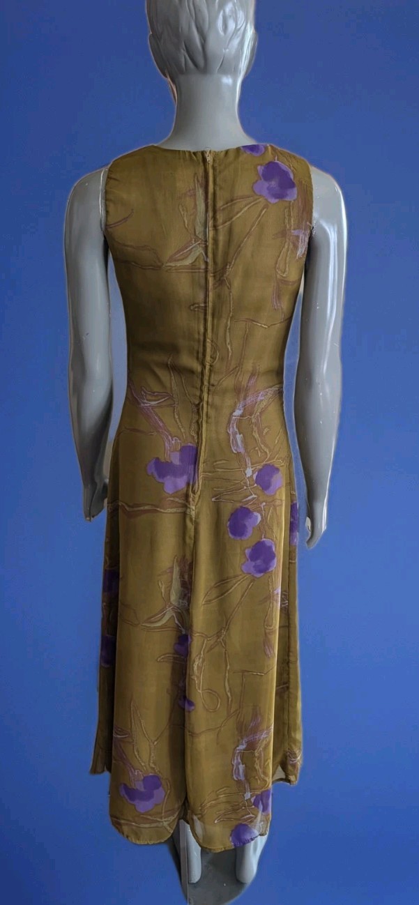 Vintage 90s Helene Blake Olive Floral Sleeveless Maxi Dress w/Purple Blossoms S