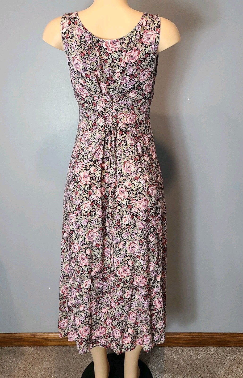 Vtg 90s Floral Dress Cottage Fairy Grunge Sz 8 Lace Up Tie Back Midi Basque Wais