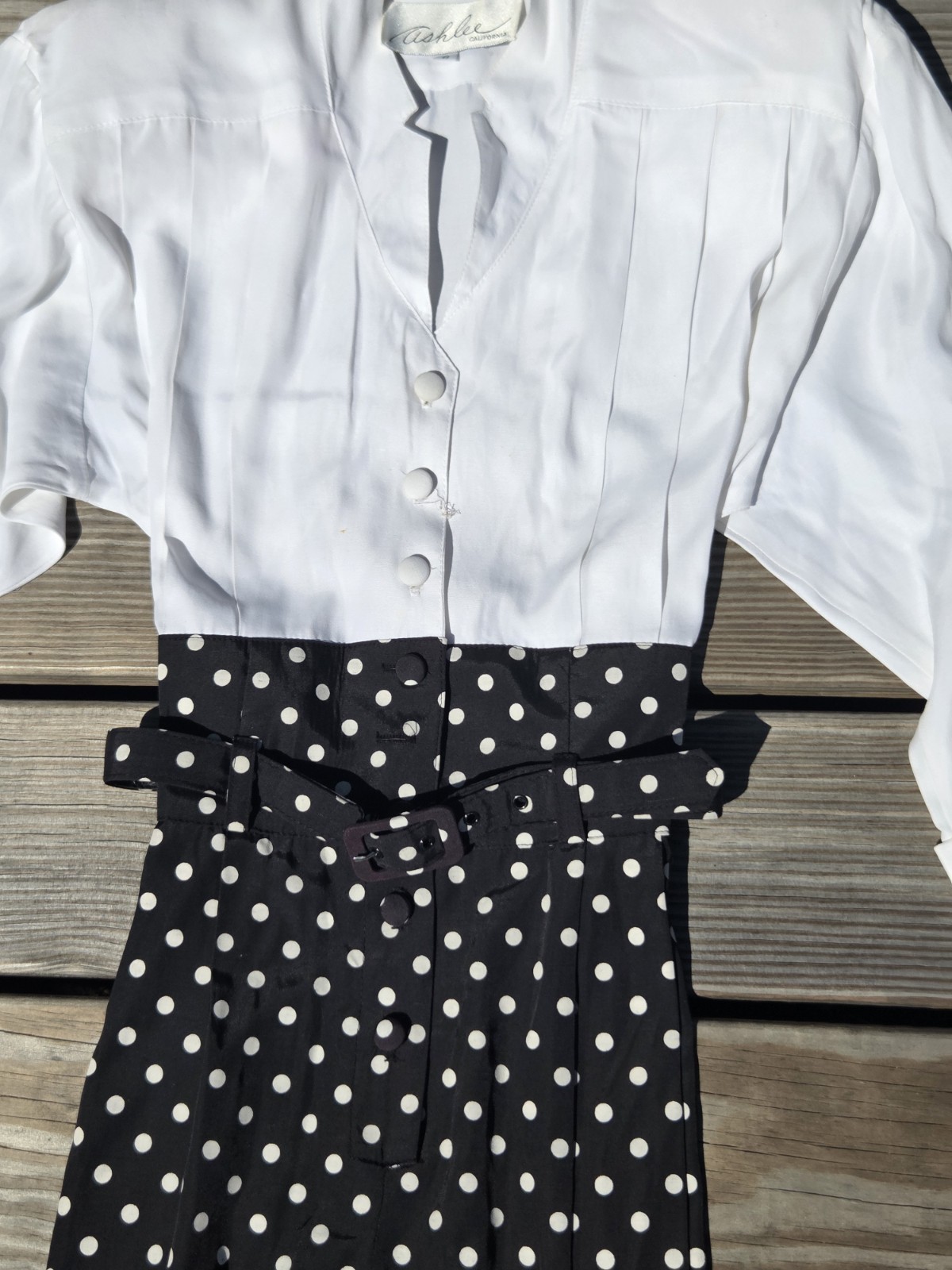🖤Vintage 1980s Ashlee California Polka Dot Jumpsuit Romper White Black Belted 8
