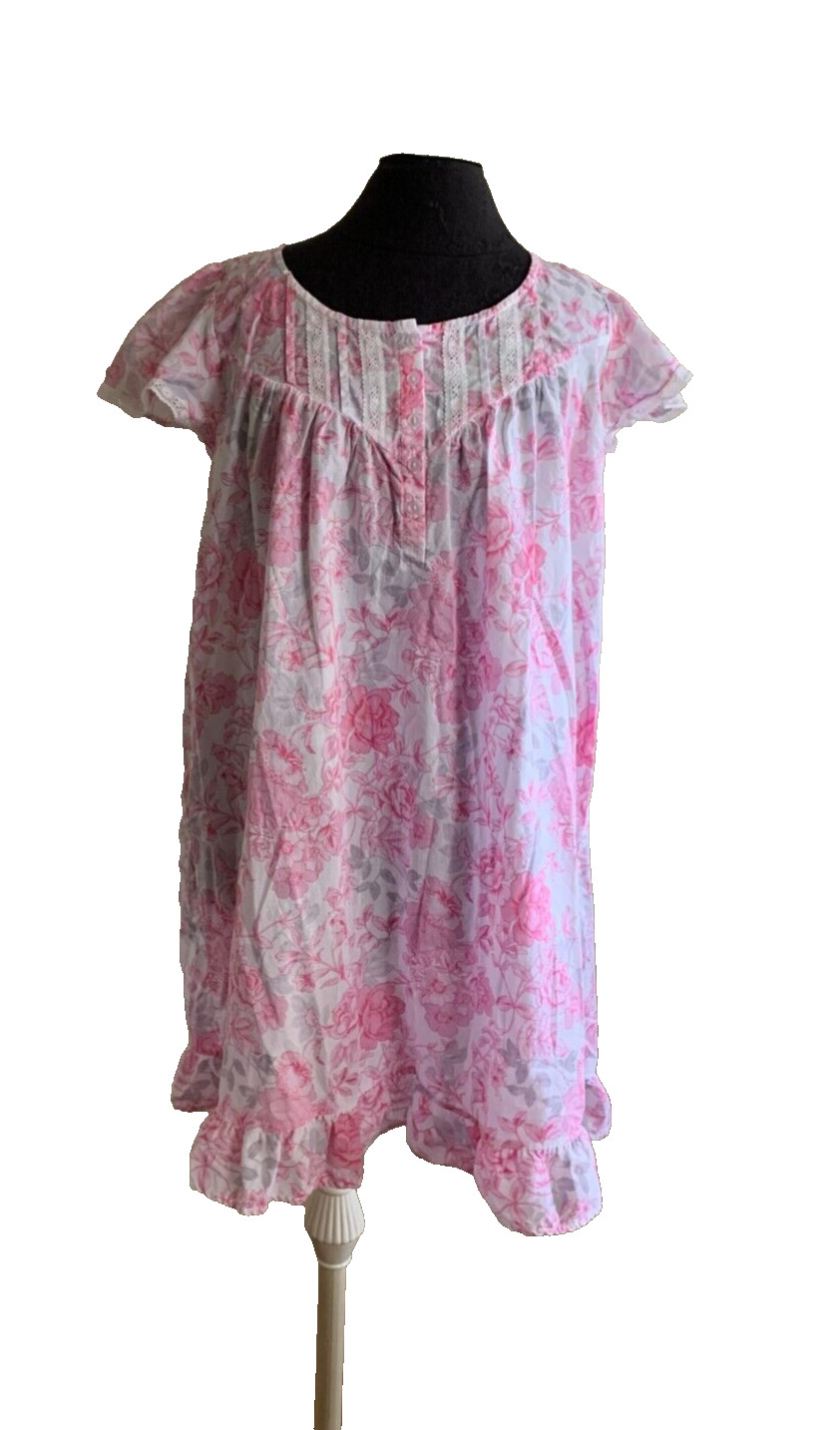 Vtg Floral Nightgown Prairie Ruffle Lace Cotton Pink Roses Coastal Grandma-Sz M