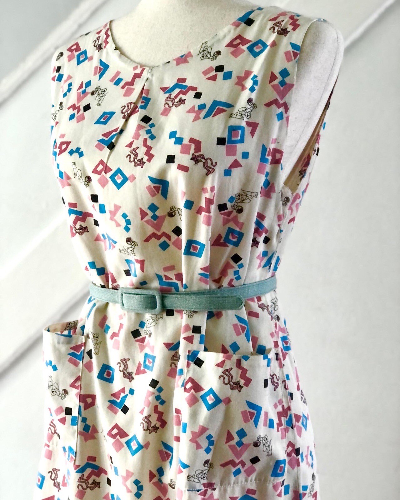 Vintage Pink Panther Print Cotton Dress 60’s RARE-Handmade-true vintage-Size S/M