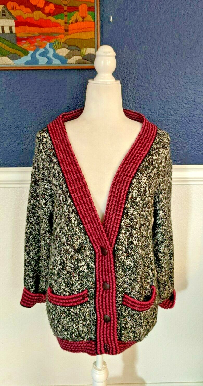 VTG Ever International Black Pink 1980s 1990s Varsity Cardigan Sweater Sz Medium