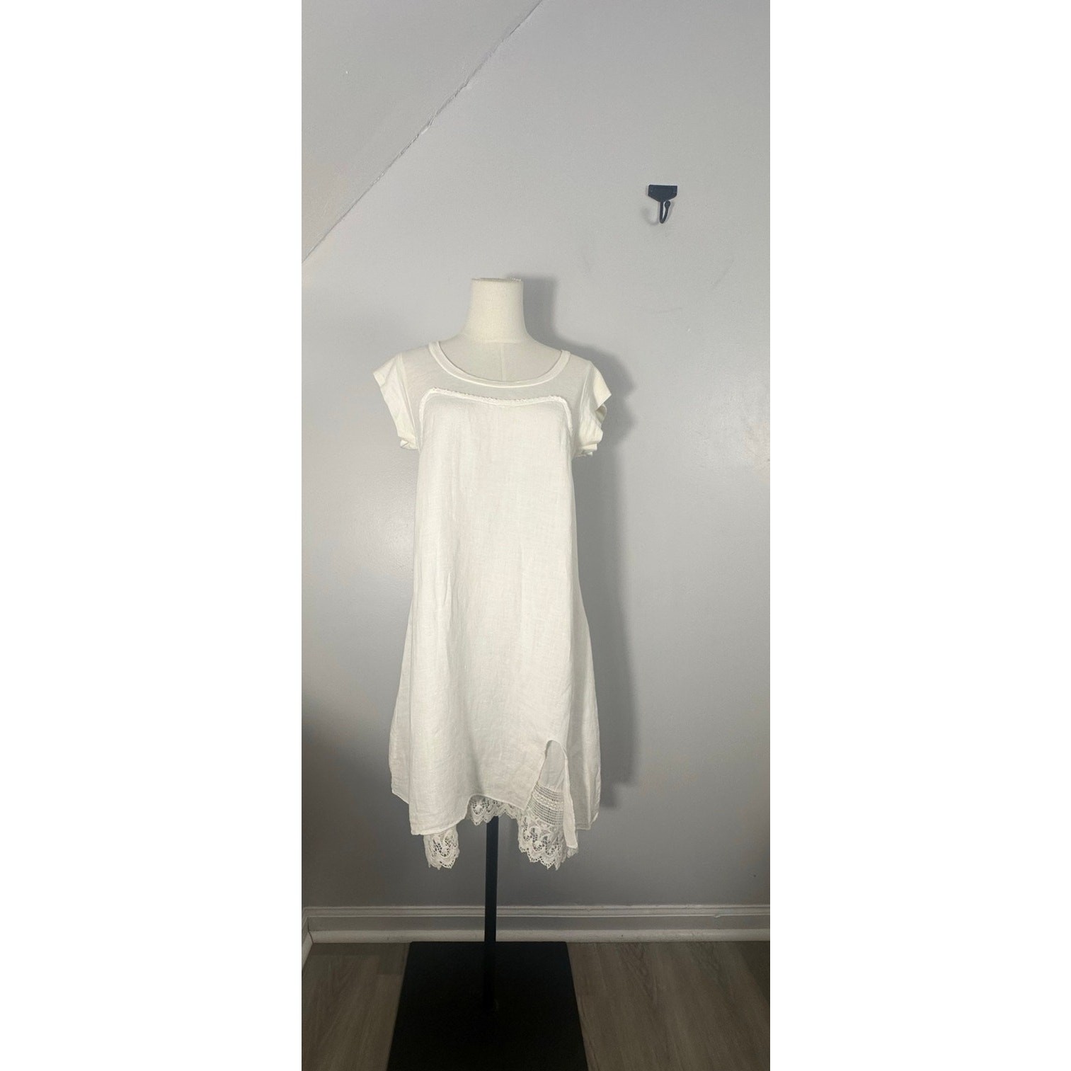 Luainia White Linen Boho Tunic Dress Crochet Lace Asymmetrical Hem Cottagecore