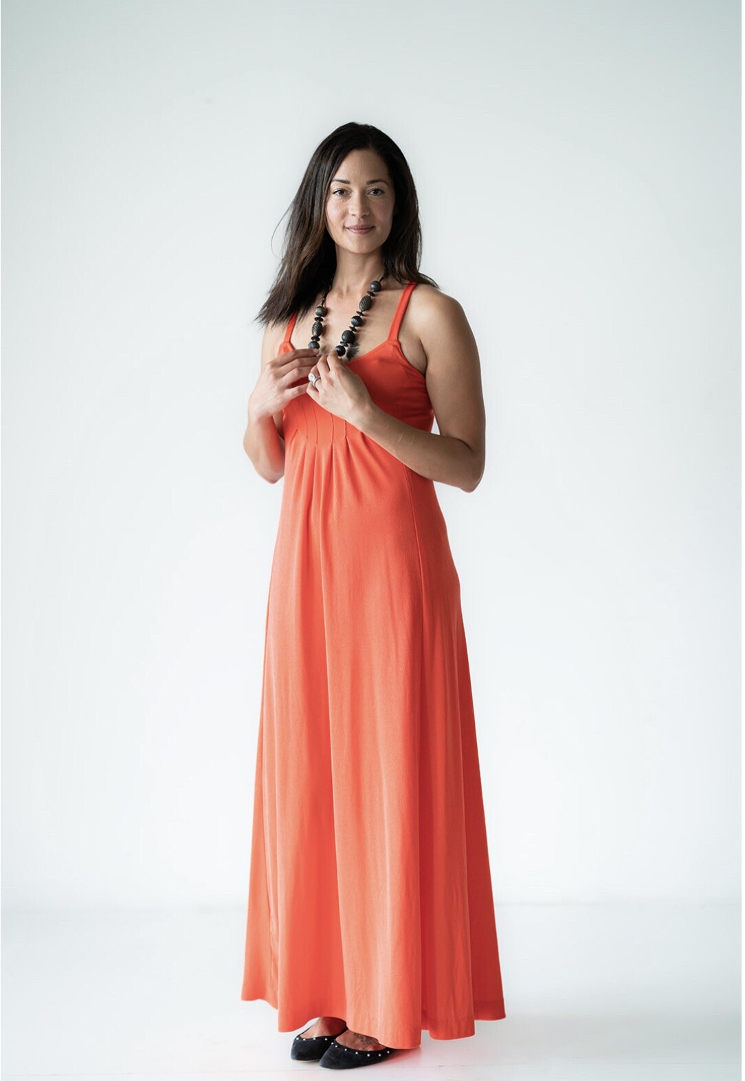 1970’s Joy Stevens Bright Orange Nylon Maxi Dress, XS/S